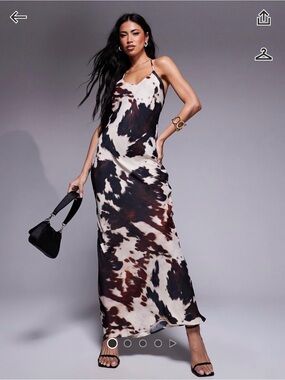 ASOS Slip Maxi Dress in Brown and Cream Cow Print